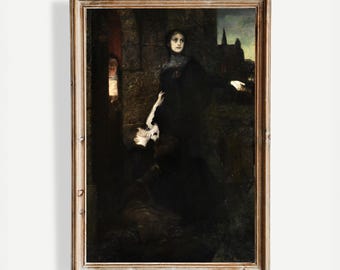 Puede incluir: Pintura vintage enmarcada con un tema sombrío. La obra de arte representa dos figuras con ropa oscura, una arrodillada y la otra de pie, con una tercera figura en el fondo. La pintura tiene una paleta de colores apagados y está ambientada en un entorno poco iluminado.