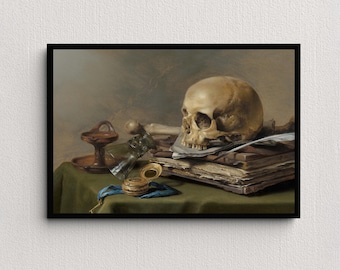 May include: A still life painting featuring a human skull, books, a broken glass bottle, and a pocket watch with a blue ribbon. The objects are arranged on a green cloth, with a dark background.
