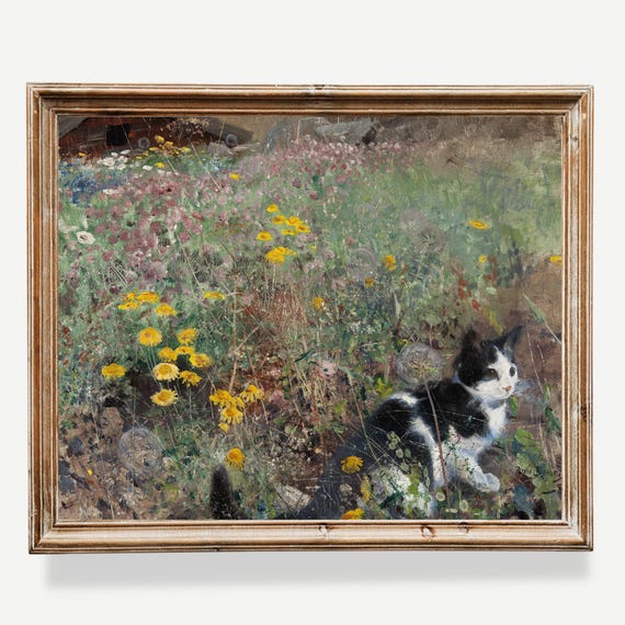 花咲く草原の猫（1887年） | ブルーノ・リリエフォルス | ヴィンテージ
