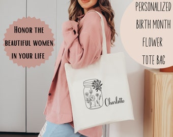 Personalized Birth Flower Tote bag, Custom gift, Gift for Aunt, Coworker appreciation, Bridesmaid thank you, Best friend, Heavy duty canvas