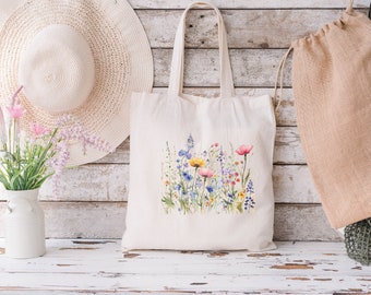 Wildflowers Tote Bag, High quality canvas, Shoulder bag, Eco, 100% cotton, Flowers, Pretty, Friend, Gift, Wife, Mother, Daughter, Library