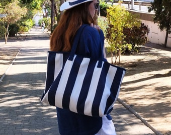 Stripe Marine Bag Blue White Tote Bag Travel Vertical Striped Bag Cotton Canvas Bag Large capacity Shoulder Bag Travel Bag Gift Summer Beach