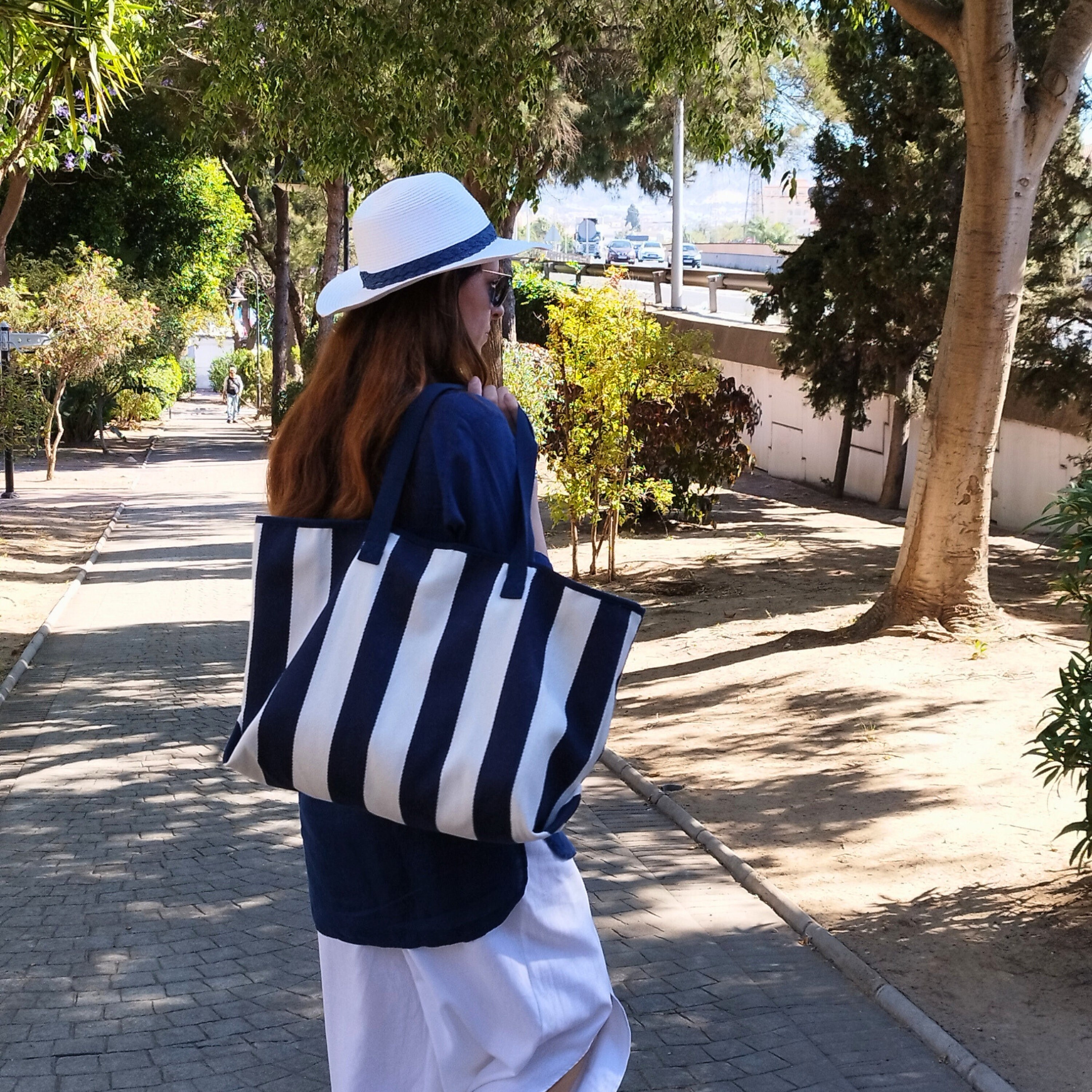 Stripe Marine Bag Blue White Tote Bag Travel Vertical Striped Bag Cotton Canvas Bag Large capacity Shoulder Bag Travel Bag Gift Summer Beach