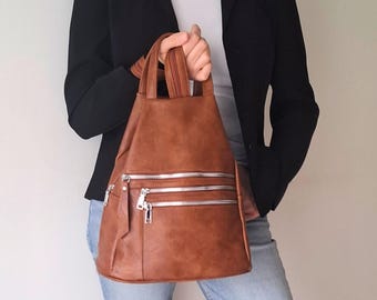 Anti-theft Leather backpack women, Medium size Travel Bag, Leather Convertible Backpack Purse women, Work backpack, Soft Vegan Leather bag