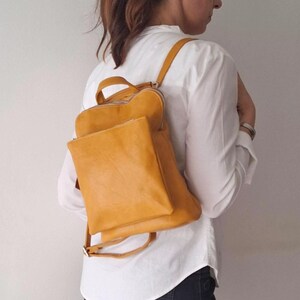 Mustard Vegan Leather Backpack: Convertible Crossbody  display picture 2
