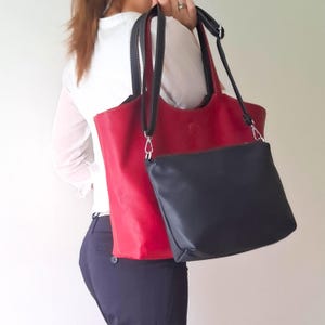 Reversible Vegan Leather Tote Bag: Red & Blue Double-Sided Shoulder Bag