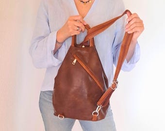 Vegan Leather Sling Backpack, Everyday Soft leather Rucksack, Travel safe backpacks