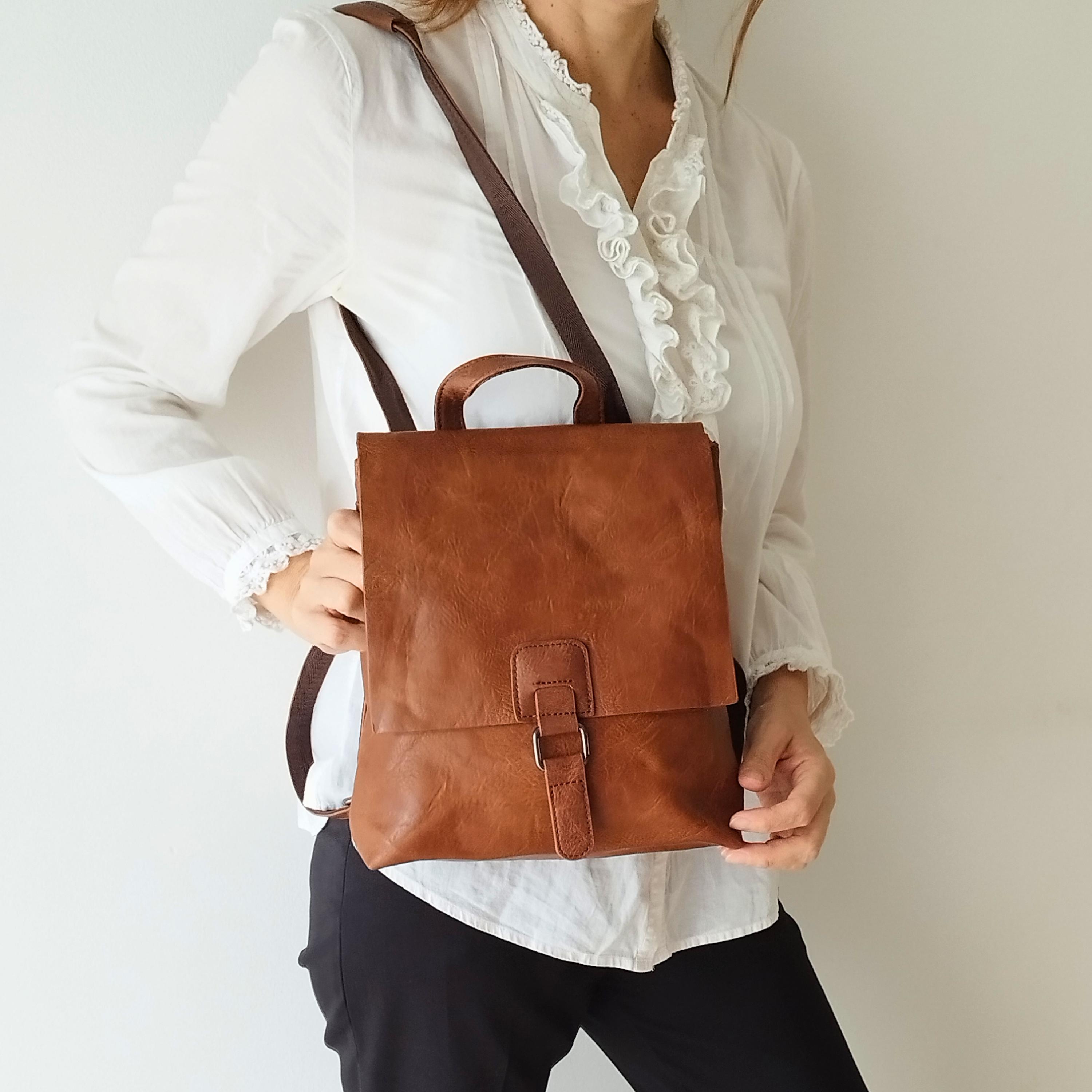 Leather Convertible Backpack, Work backpack, Small Soft Vegan Leather magnetic flap bag, Multi purpose Unisex Leather Crossbody Bag