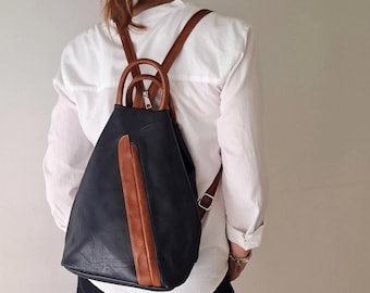 Black and Brown Leather Sling Backpack, Everyday Soft leather Rucksack, Travel safe backpacks