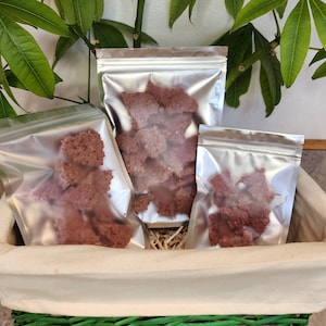 May include: Three silver, resealable bags filled with reddish-brown, irregularly shaped treats, presented in a beige basket with a green rim. The basket is lined with a light-colored fabric and filled with straw. Green leaves are visible in the background.