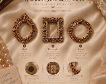 Handcrafted Resin Miniature Heirloom Frame | Antique Gold Keepsake (Magnet Option) | Mini photo frame