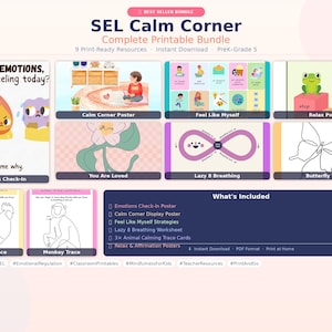May include: A bundle of printable SEL (Social Emotional Learning) resources for PreK-Grade 5. Includes posters, worksheets, and trace cards. The image features colorful illustrations and text such as "Identify Emotions" and "Calm Corner Poster."