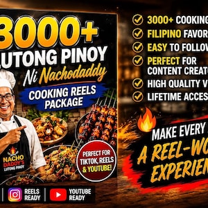 Pode incluir: Uma caixa de produto digital intitulada 3000+ Lutong Pinoy Ni Nachodaddy Cooking Reels Package com um chef de chapéu branco e avental preto. A caixa exibe imagens de comida filipina, texto sobre 3000+ vídeos e ícones de redes sociais.
