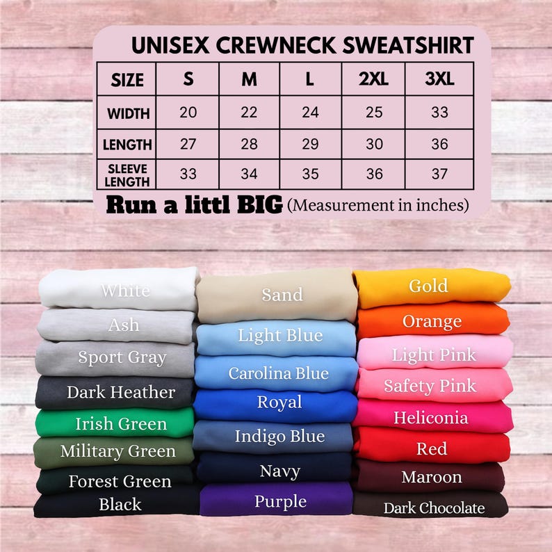 Może przedstawiać: Zdjęcie bluzy unisex z okrągłym dekoltem z tabelą rozmiar&oacute;w w calach. Rozmiary od S do 3XL, o szerokości od 50.8 do 83.8 cm i długości od 68.6 do 91.4 cm. Wyświetlane są r&oacute;żne kolory.