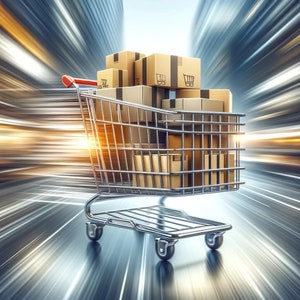 May include: A silver shopping cart filled with cardboard boxes, moving quickly through a blurred background of a city street.