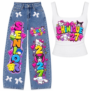 May include: Blue denim jeans featuring white bows and colorful graffiti-style text reading SENIOR CLASS OF 2027 with cartoon characters, paired with a white tank top featuring the text CHINIQUE 27 and various cartoon character graphics.