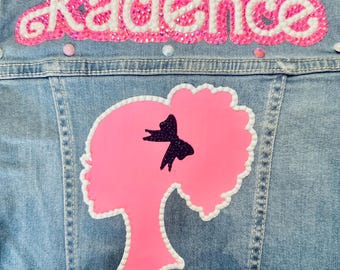 Barb Custom Bling Denim Jacket with Personalized Name and Matching Cup Set - Girls’ Birthday Gift, Custom Kids Jacket, and Sparkly Keepsake