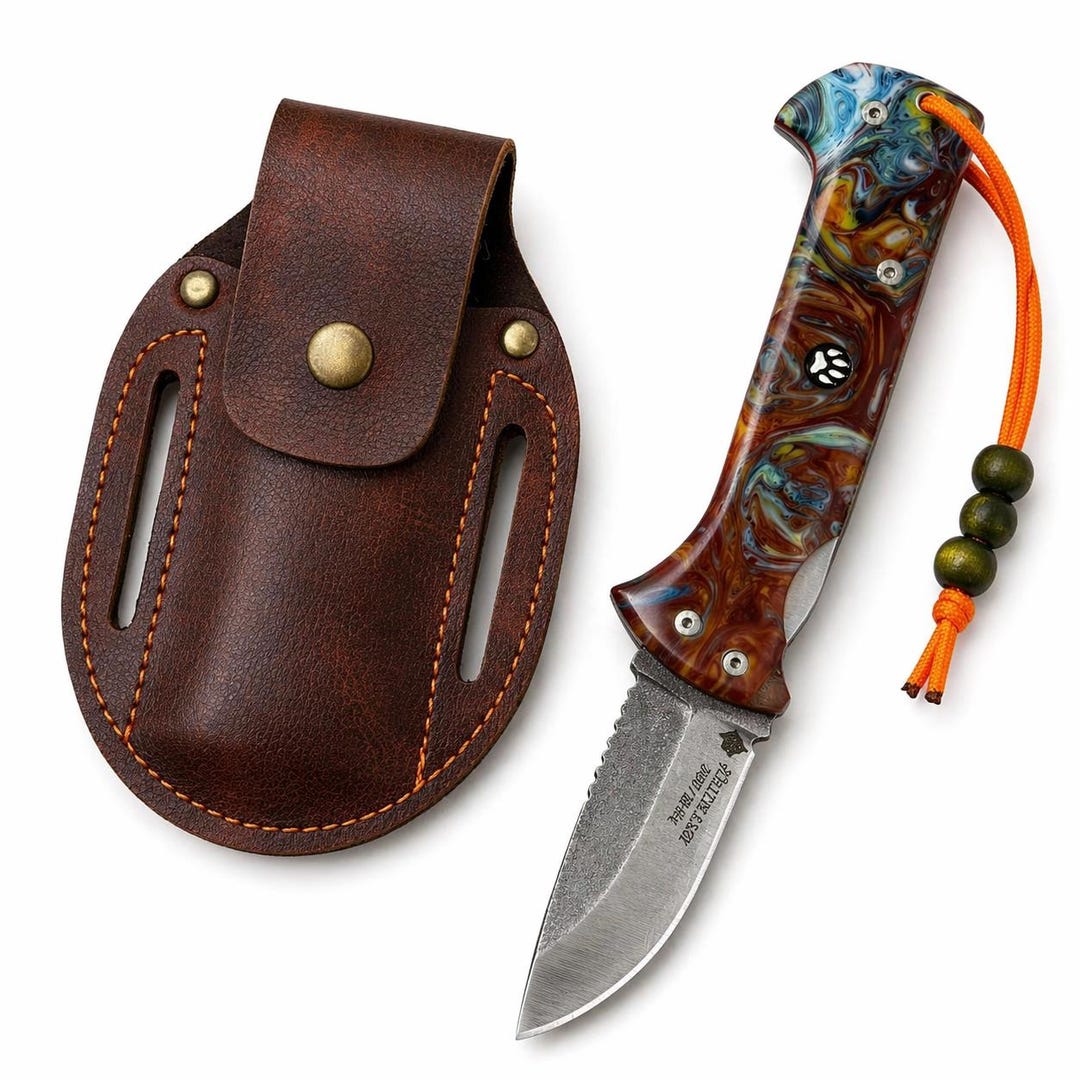 N690 Handmade Bohler N690 Steel Folding Pocket Knife: Epoxy Amber Handle - Etsy