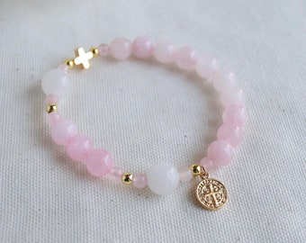 Handmade Rose Quartz Rosary Bracelet with 18k Gold Cross and St. Benedict Medal | Catholic Prayer Jewelry Catholic Gift for her