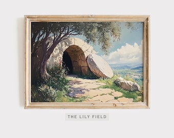 Easter He is Risen Jesus empty tomb art print Christian wall decor faith-based inspirational resurrection home gift Catholic Art Print