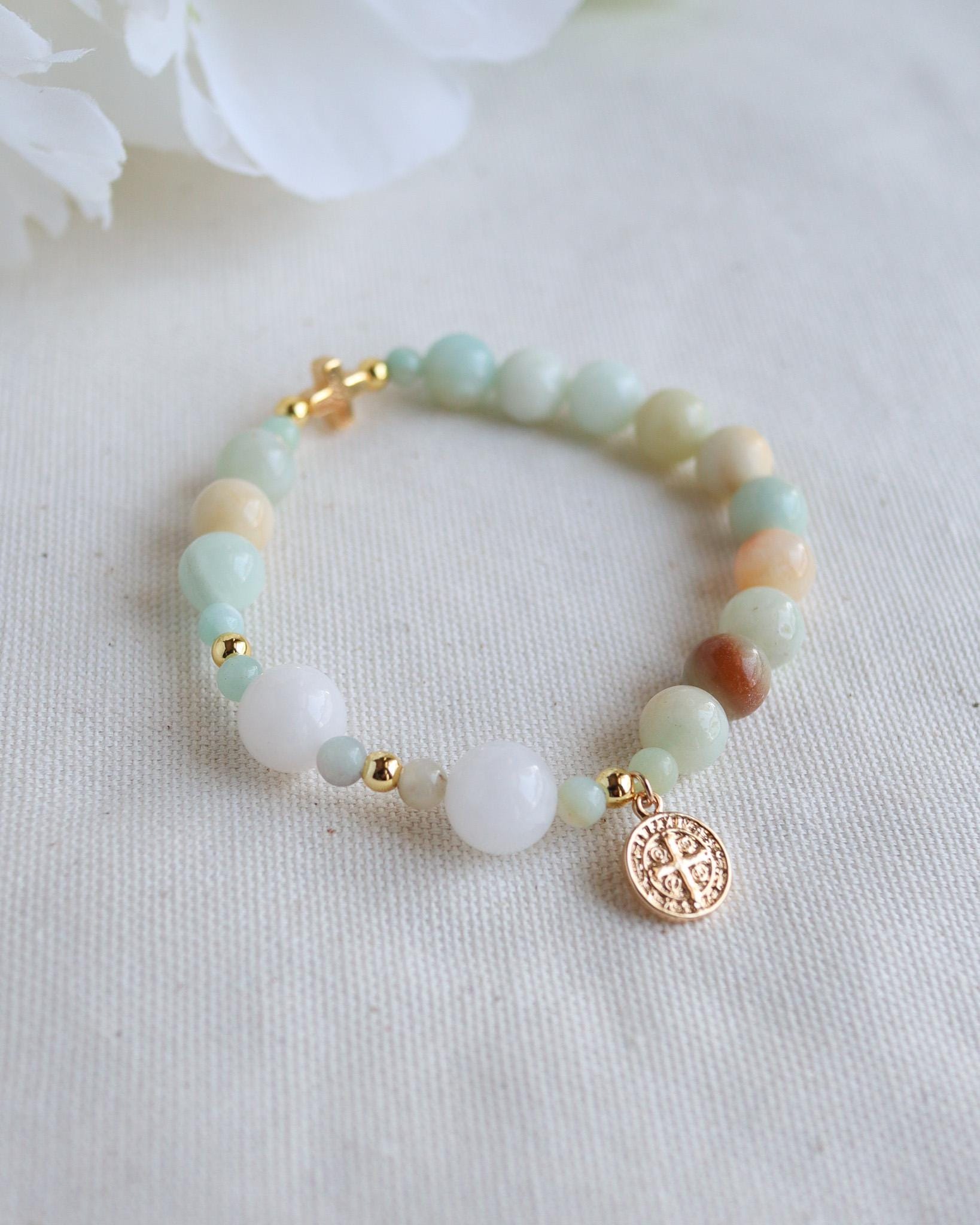 Handmade Amazonite Rosary Bracelet with 18k Gold Cross and St. Benedict Medal Catholic Prayer Jewelry Spiritual Protection Gift Catholic