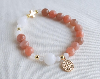 Handmade Sunstone Rosary Bracelet with 18k Gold Cross and St. Benedict Medal Catholic Prayer Jewelry Catholic Gift for Her