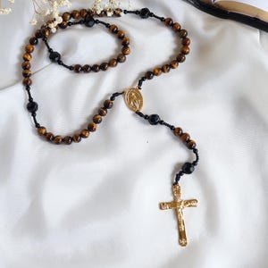 Handmade Tiger Eye Rosary | Catholic Prayer Beads for Men & Women | Golden Crucifix | Miraculous Medal | Gift for Baptism, Confirmation