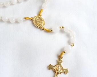 First Communion Rosary | White Jade Catholic Prayer Beads with Miraculous Medal | Small Handmade Baptism or Communion Gift