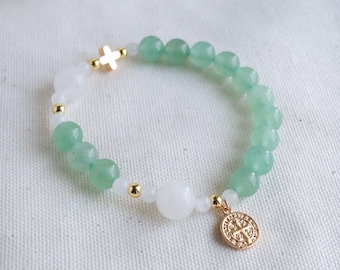 Handmade Aventurine Rosary Bracelet with 18k Gold Cross and St. Benedict Medal Catholic Prayer Jewelry Catholic Gift for Her