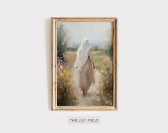 Può includere: Stampa artistica vintage incorniciata con una figura con un velo bianco che cammina su un sentiero attraverso un campo di fiori. L'opera d'arte ha una tavolozza di colori tenui e tenui con una cornice dorata. Il testo "THE LILY FIELD" è in basso.