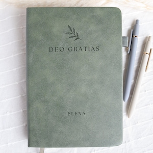 Sage green personalized Catholic prayer journal engraved Deo Gratias with name Elena, Bible study gift for women with matching pens