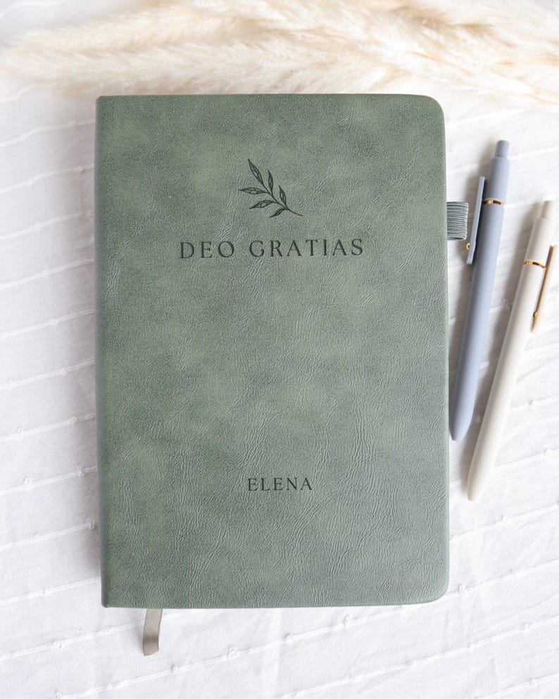 Sage green personalized Catholic prayer journal engraved Deo Gratias with name Elena, Bible study gift for women with matching pens
