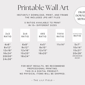 Puede incluir: Gr&aacute;fico de arte mural imprimible con texto que indica obras de arte digitales disponibles en varios tama&ntilde;os y proporciones. Incluye opciones de tama&ntilde;o como 10x15 cm, 20x30 cm y 40x60 cm. El texto tambi&eacute;n menciona archivos JPG.