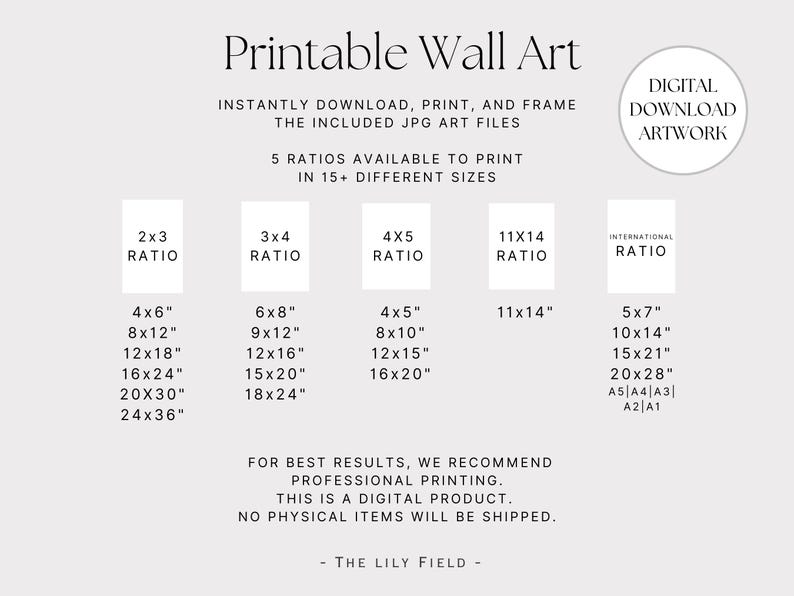 Puede incluir: Gr&aacute;fico de arte mural imprimible con texto que indica obras de arte digitales disponibles en varios tama&ntilde;os y proporciones. Incluye opciones de tama&ntilde;o como 10x15 cm, 20x30 cm y 40x60 cm. El texto tambi&eacute;n menciona archivos JPG.