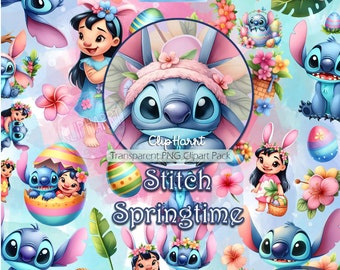 Stitch Springtime Clipart Set, Transparent PNG images, Commercial Use, Lilo Graphics, Easter clipart Images