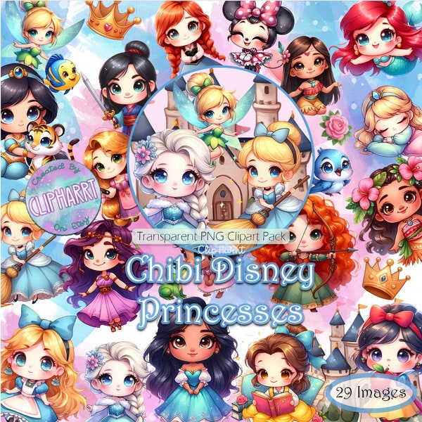 Conjunto de imágenes prediseñadas de princesas Chibi, imágenes PNG de fondo transparente, uso comercial, lindos gráficos de dibujos animados Kawaii