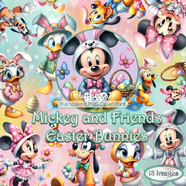 Mickey en vrienden paashazen clipart set, transparante PNG-afbeeldingen, commercieel gebruik, Pasen en lente graphics