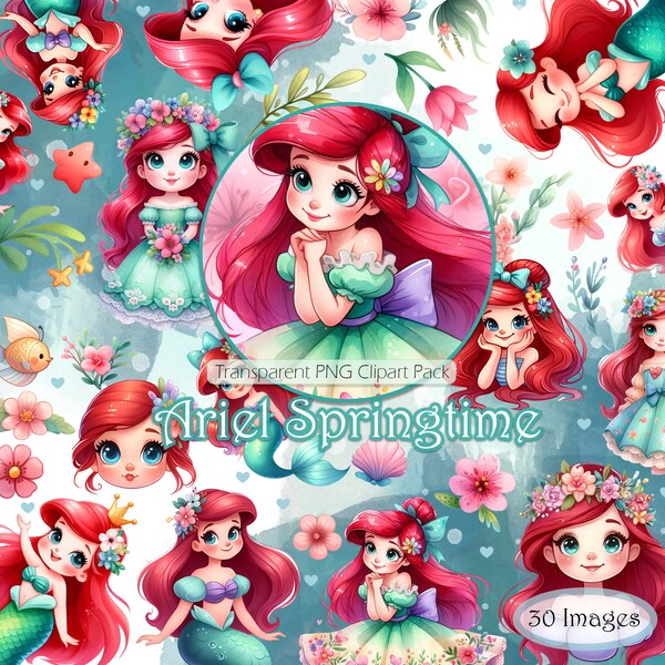 Ariel Springtime Clipart-Set, transparente PNG-Bilder, kommerzielle Nutzung, Prinzessin Grafiken, Osterbilder