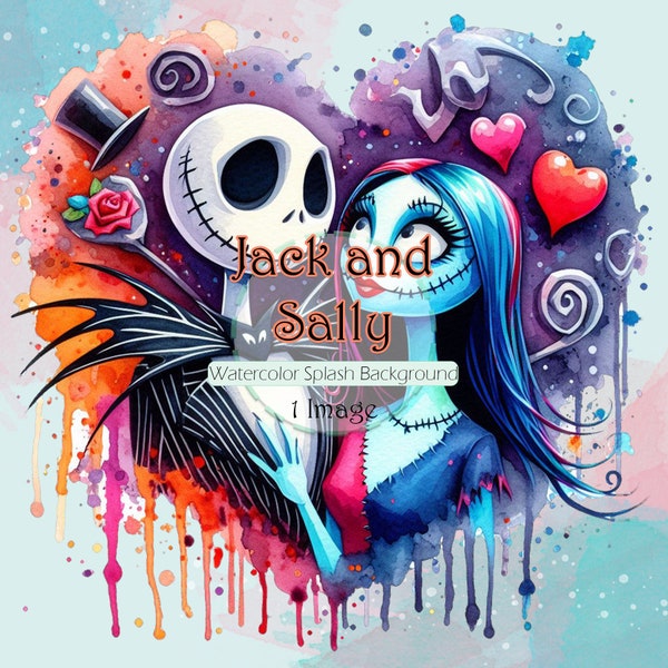 Jack and Sally Clipart Image with Watercolor Splash Background, Commercial Files, Halloween Christmas Valentine's Day Graphics
