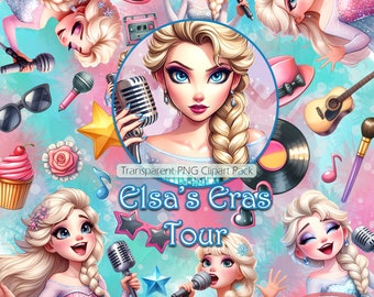 Elsa's Eras Tour Clipart Set, Transparent PNG images, Commercial Use, Frozen Graphics, Pop Star Clip Art