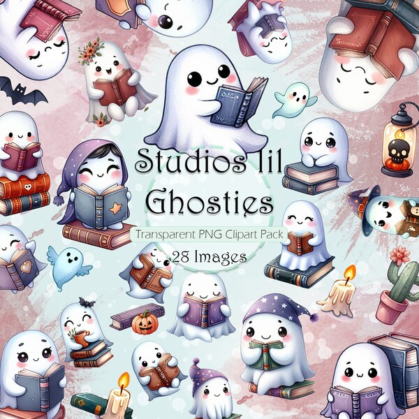 Studious Little Ghosts Clipart Set, Clipart Elements, Commercial Use, Digital Download, Ghosts with books graphics, Ghosts reading