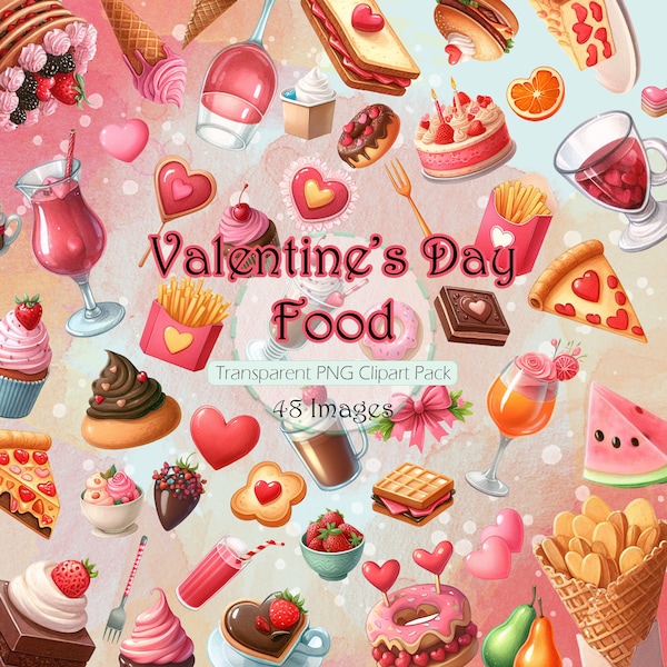 Valentine's Day Food Clipart, Transparent PNG images, Commercial Use, Watercolor Holiday Foods Graphics