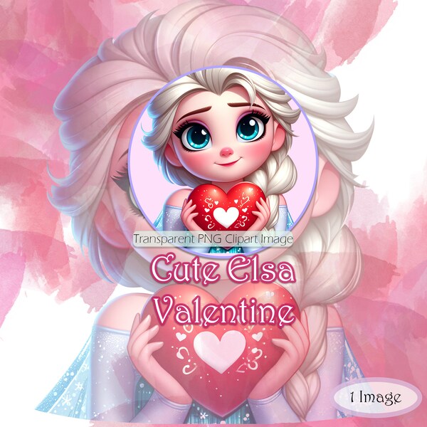 Cute Elsa Valentine Clipart Image with Transparent Background, Commercial Files, Adorable Frozen Graphics