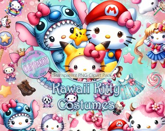 Imágenes prediseñadas de disfraces de gatitos lindos de Kawaii, imágenes PNG transparentes, uso comercial, Hola Halloween y gráficos divertidos