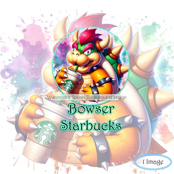 Bowser Coffee Clipart Image with Watercolor Splash Background, Commercial Files, Villain Graphics