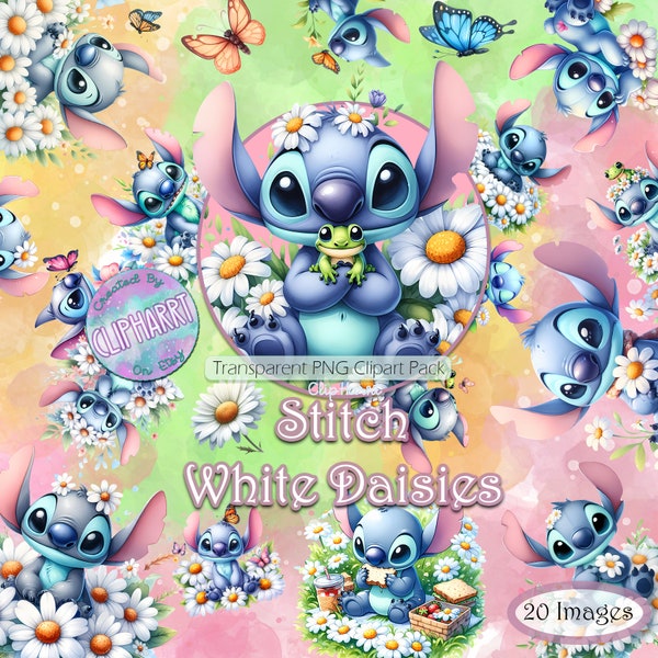 Stitch w/ White Daisies Clipart Set, Transparent PNG images, Commercial Use, Lilo Graphics, Easter clipart Images