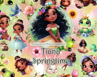 Tiana Springtime Clipart Set, Transparent PNG images, Commercial Use, Princess Graphics, Easter Images, Princess and the Frog