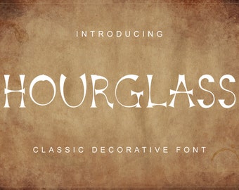 May include: A vintage-style font design called "Hourglass" is displayed on a brown textured background. The text "Introducing" appears above the font name and "Classic Decorative Font" appears below.