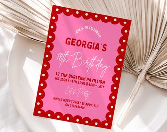 Wavy Border Pink Red Birthday Party Invitation Template Squiggly Border Invite Curve Birthday Invite Wave Invitation Customise In Canva
