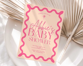 Pink Squiggly Baby Shower Invitation, Wavy Border (Digital, Canva)